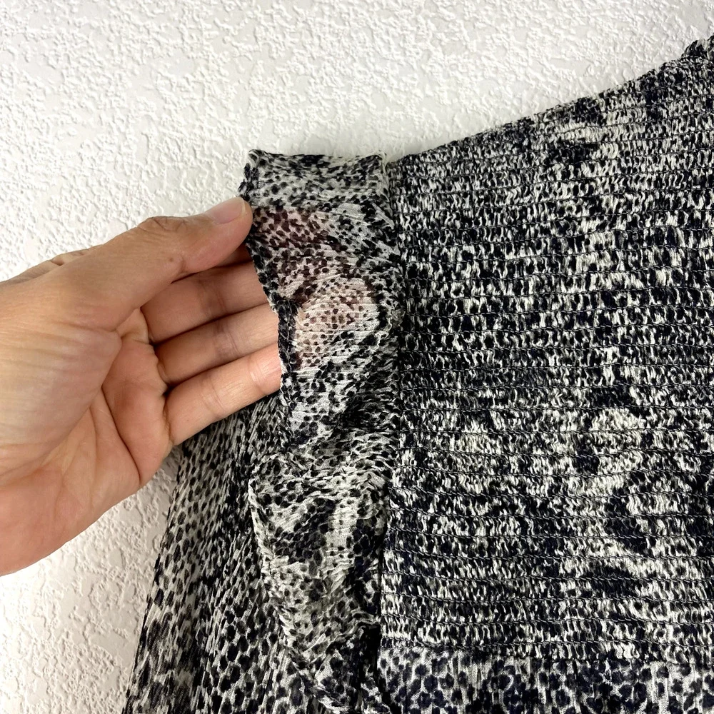 Free People RomaTop Womens Medium Snake Print‎ Smocked Sheer Puff Sleeve Ruffle